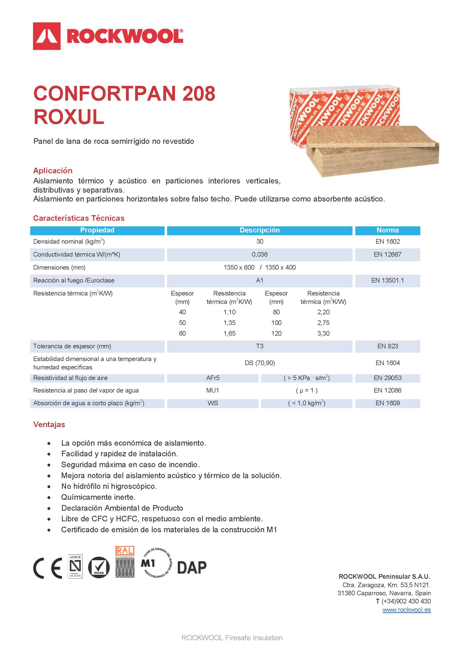 PANEL LANA DE ROCA CONFORTPAN 208 ROXUL 135X60 4CM